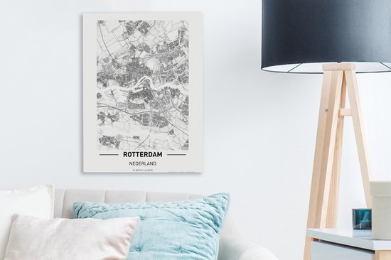 Tableau sur Toile City Map - Rotterdam - Zwart - Wit - 30x40 cm - Décoration murale - Carte