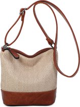 Crossbodytas raffia/imitatieleder Ines Delaure camel