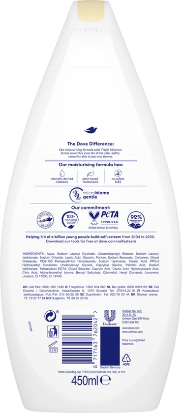 Achterkant van een witte Dove douchegelfles met ingrediëntenlijst en 450ml aanduiding.