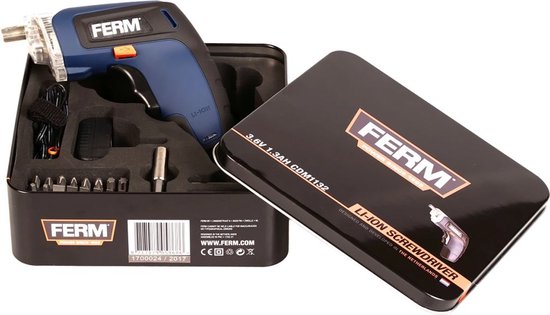 FERM - CDM1132 - Accu schroefmachine - Schroevendraaier - 3.6V - 1.3Ah - Li-Ion - LED - werkverlichting - Compact - Soft grip - Met - Magnetische bithouder - 26 bitjes - Verlengstuk - Oplader - Comfortabel - Micro USB lader - in - Opbergblik