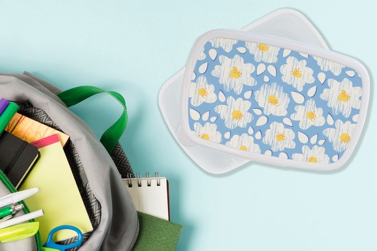 Broodtrommel Wit - Lunchbox - Brooddoos - Meiden - Bloemen - Blauw - Patronen - Girl - Kids - Kinderen - Kind - 18x12x6 cm - Volwassenen