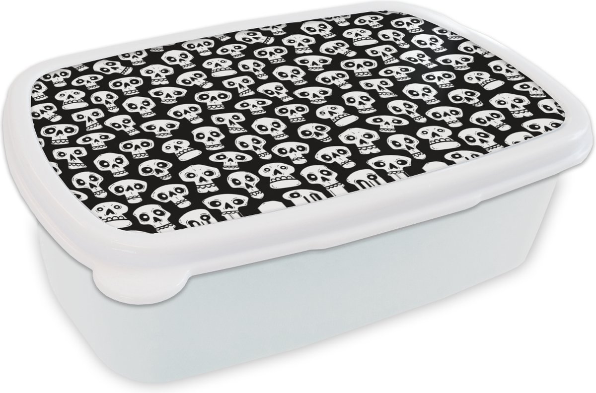 Broodtrommel Wit - Lunchbox - Brooddoos - Patronen - Skull - Zwart Wit - 18x12x6 cm - Volwassenen