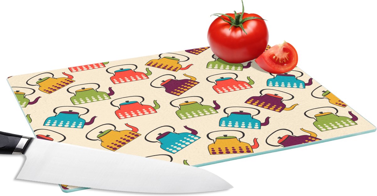 Glazen Snijplank - 28x20 - Design - Retro - Theepot - Kleuren - Snijplanken Glas
