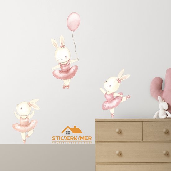 Muursticker konijntjes | babykamer | Kinderkamer | Slaapkamer | Meisjes | Roze | Ballon | Ballerina | Konijn Sticker | Stickerkamer®