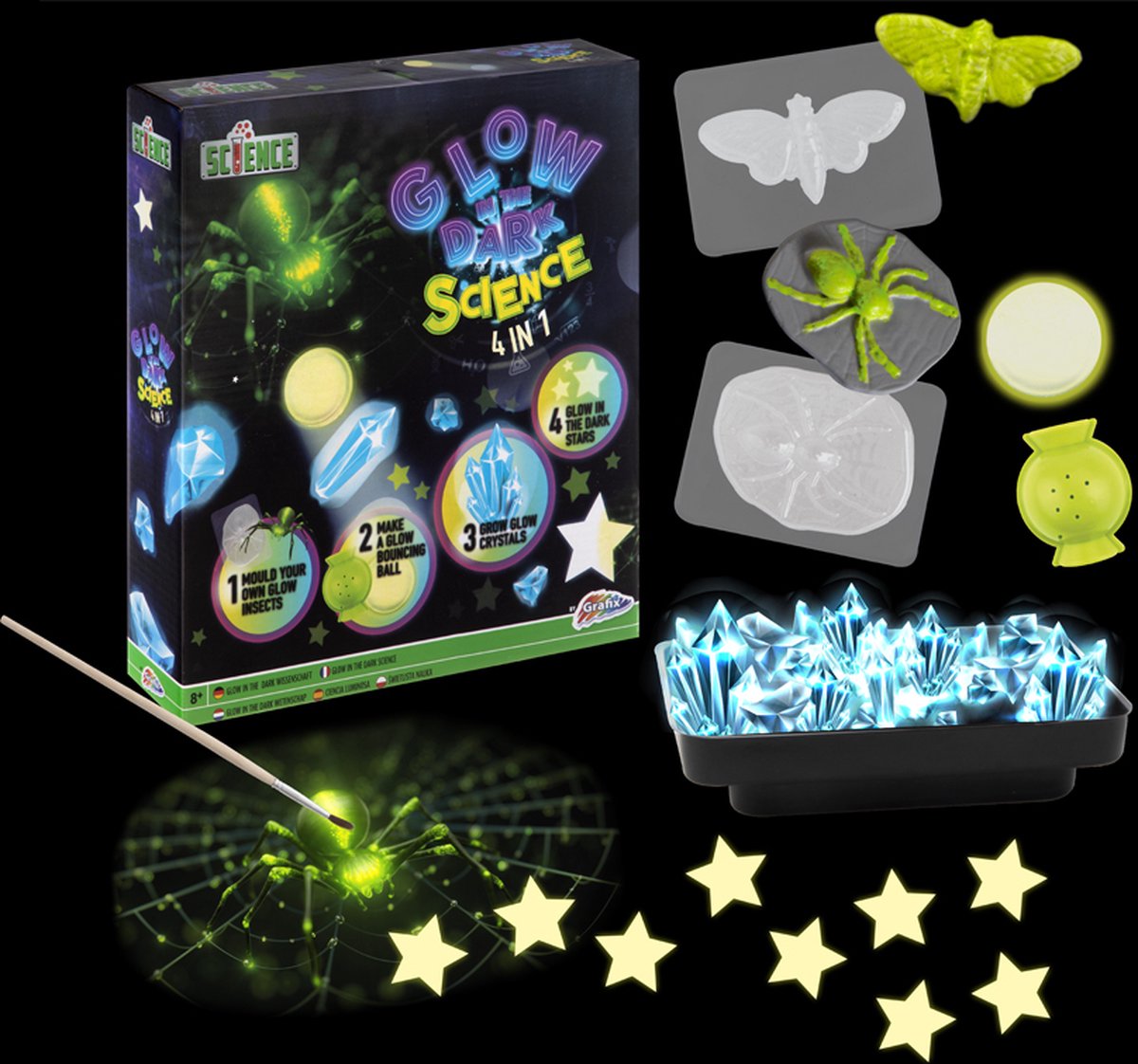 Grafix 4 in 1 Experimenteerdoos Glow in the Dark | Wetenschap speelgoed | Glow in the Dark stuiterbal - Groeiende Glow Kristallen - Glow in the Dark Sterren - Glow in the Dark Insecten | Educatief speelgoed voor kinderen vanaf 8 jaar