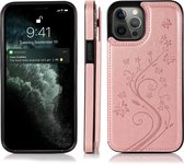 Hoesje geschikt voor iPhone SE 2022 - Backcover - Pasjeshouder - Portemonnee - Bloemenprint - Kunstleer - Rose Goud