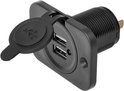Zwarte USB-inbouwdoos met open rubberen kap, USB-symbool en twee USB-poorten.