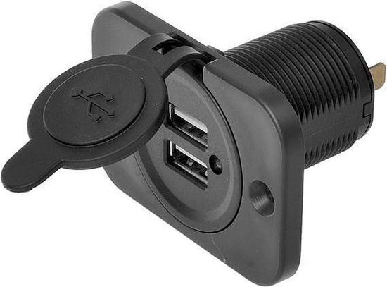 Zwarte USB-inbouwdoos met open rubberen kap, USB-symbool en twee USB-poorten.