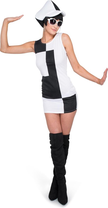 Karnival Costumes Verkleedkleding Monochroom disco kostuum voor vrouwen Carnavalskleding Dames Carnaval - Polyester - Zwart/Wit - Maat L - 2-Delig Jurk/Hoed