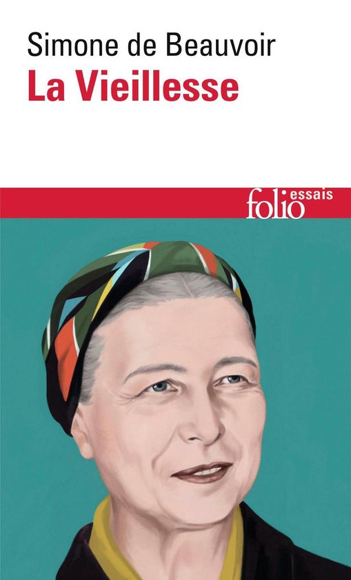 Simone de Beauvoir La Vieillesse. Portret van een vrouw met een kleurrijke hoofddoek.