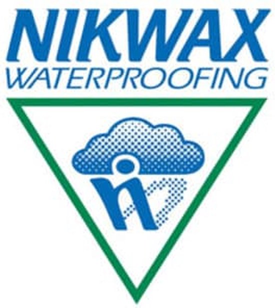 Blauw Nikwax Waterproofing logo met regenwolk en "n".