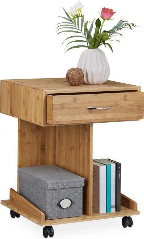 Bol Com Relaxdays Bijzettafel Met Wielen Lade Bamboe Salontafel 2 Planken Mobiel