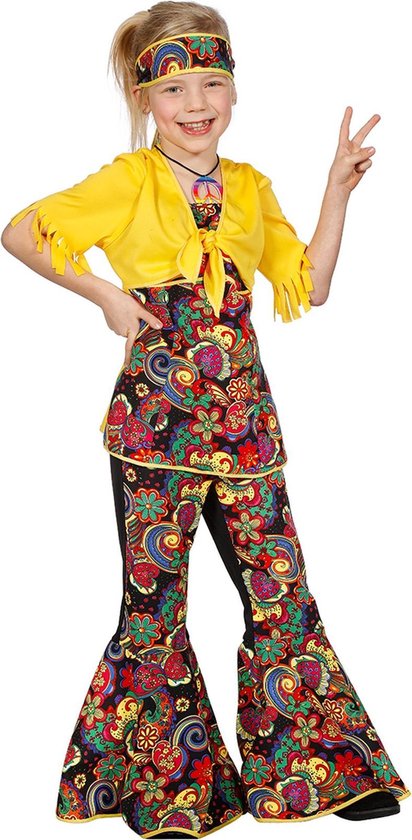 Wilbers & Wilbers - Hippie Kostuum - Happy Hippie - Meisje - Geel, Multicolor - Maat 116 - Carnavalskleding - Verkleedkleding
