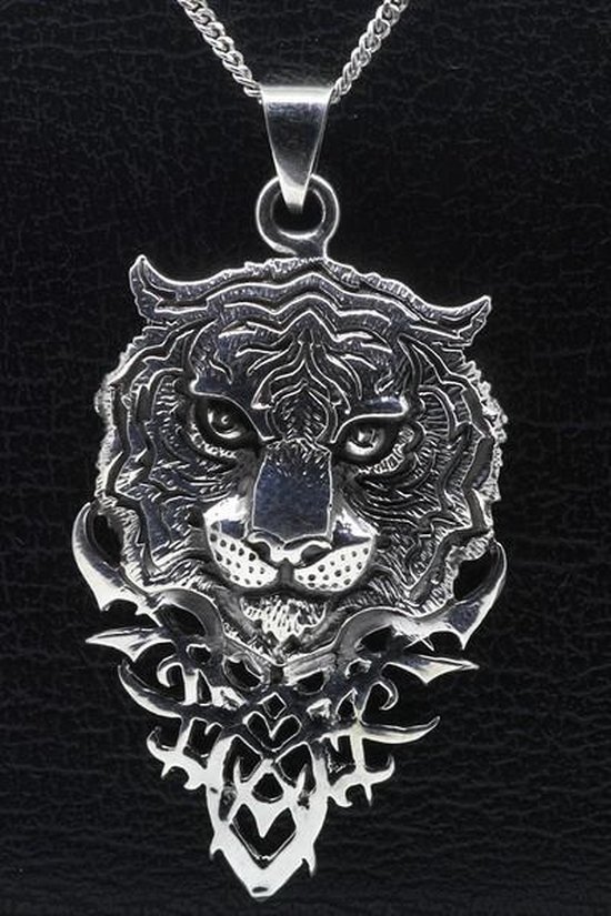 Pendentif collier tête de tigre en argent noirci gothique | bol