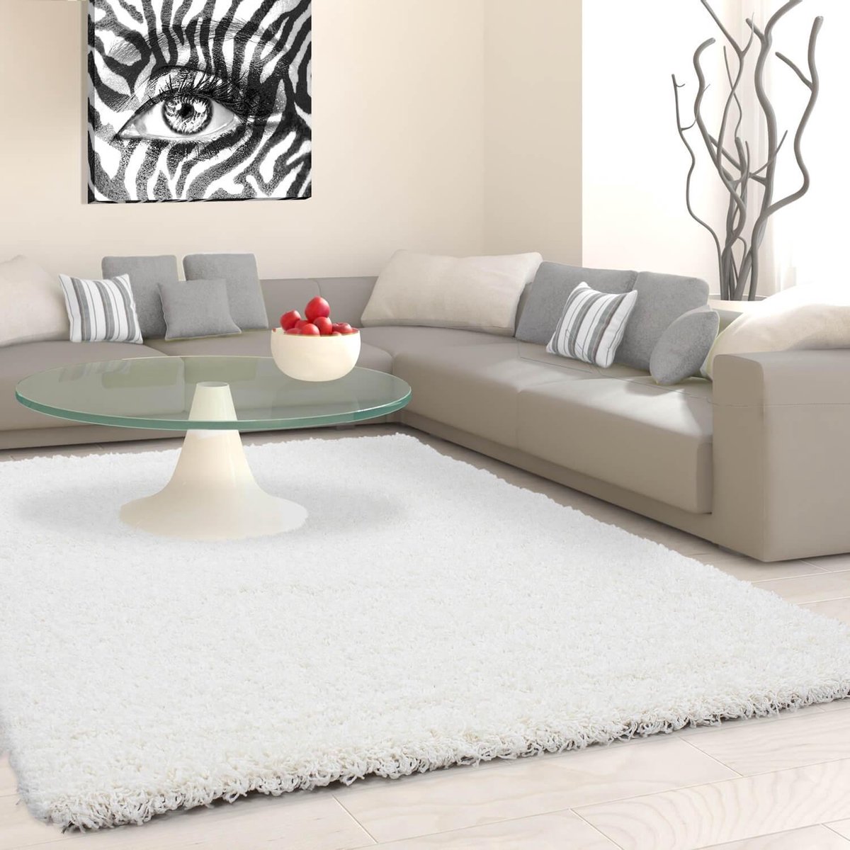 Hoogpolig vloerkleed, effen kleur - crème, woonkamerkleed, jute achterkant, afmeting: 160 cm rond