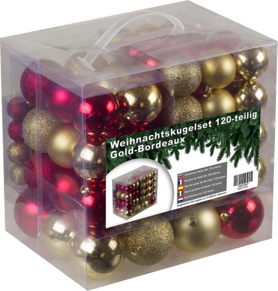 4seasonz kerstballenset - 120 stuks - Kunststof - Goud/Bordeaux