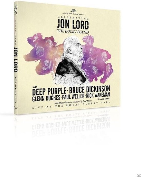 Boxset met 'Celebrating Jon Lord The Rock Legend' erop. Een illustratie van Jon Lord staat centraal, omringd door paarse vlekken met portretten.