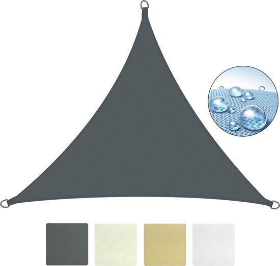 Antracietkleurig driehoekig schaduwdoek van 100% polyester met D-ringen. Opties: crème, beige, wit.