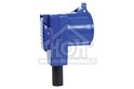Blauwe haakse connector met ronde zwarte aansluiting, zijaanzicht.