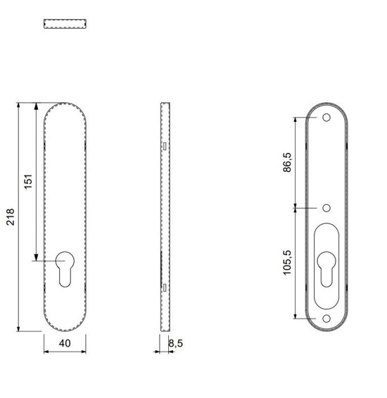 Partie trou GPF plaque arrière longue arrondie 218x40x8.5mm sans trou de manivelle PC72