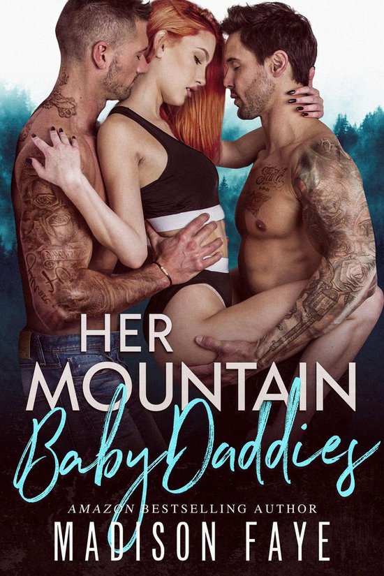 Twee getatoeëerde mannen omhelzen een vrouw met rood haar in een sportbeha en ondergoed. Tekst: Her Mountain Baby Daddies.