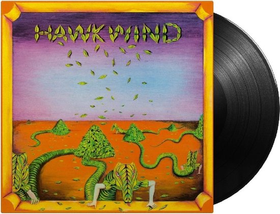 Albumhoes met de tekst "HAWKWIND" en een zwarte vinylplaat ernaast.