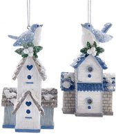 Blue/White Bird & Birdhouse 4 Inch