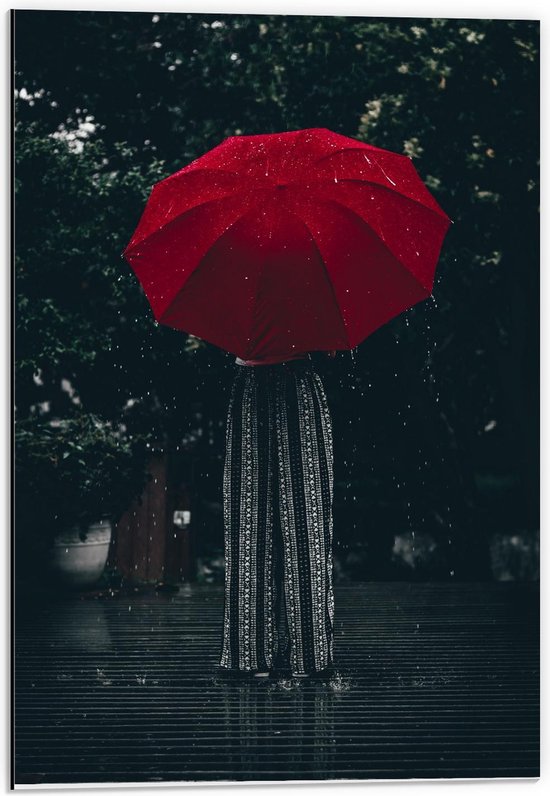 Dibond - Meisje onder Rode Paraplu - 40x60cm Foto op Aluminium (Wanddecoratie van metaal)