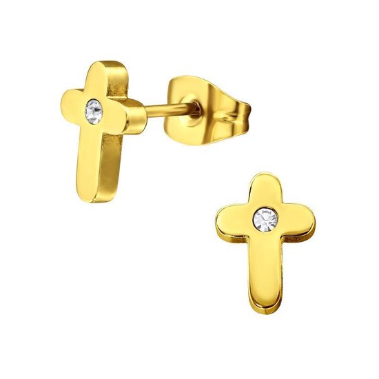 Aramat jewels ® - Aramat jewels oorbellen zweerknopjes kruisje zirkonia goudkleurig staal 9mm x 6mm