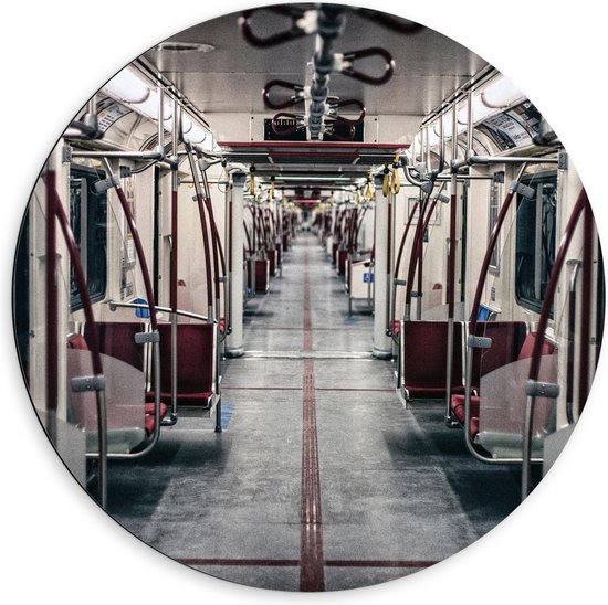 Dibond Wandcirkel - Metro met Rode Stoeltjes  - 60x60cm Foto op Aluminium Wandcirkel (met ophangsysteem)