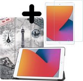 Hoes Geschikt voor iPad 10.2 2020 Hoes Book Case Hoesje Trifold Cover Met Screenprotector - Hoesje Geschikt voor iPad 8 Hoesje Bookcase - Eiffeltoren