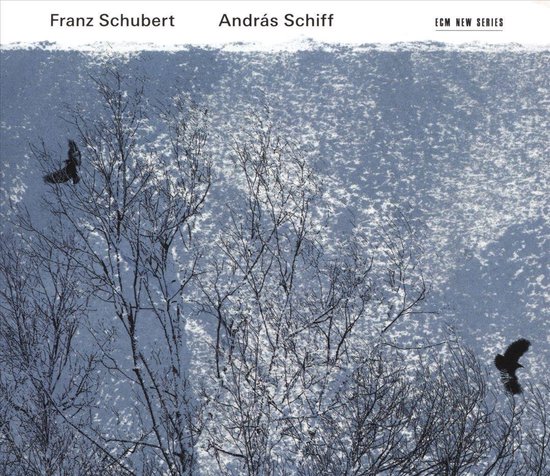 Albumhoes met gedicht van bomen en vogels met de tekst 'Franz Schubert' en 'András Schiff'