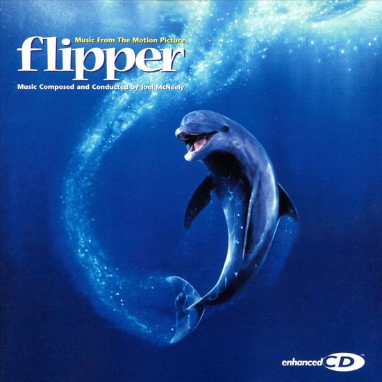 Cd-hoes met een dolfijn in het water, met de tekst 'Flipper Music From The Motion Picture'.