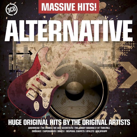 Albumhoes 'Massive Hits! Alternative' met rode gitaar, luidspreker en titel in grote witte letters.