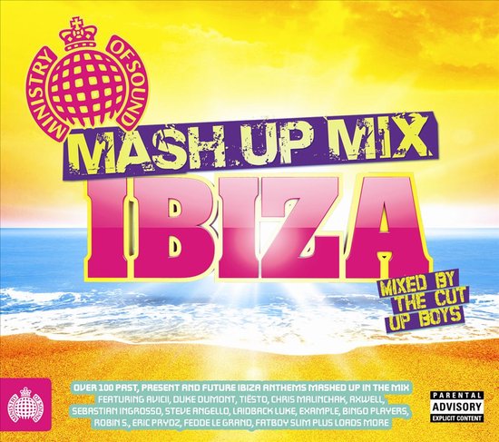 Albumhoes: Ministry of Sound Mash Up Mix Ibiza, gemixt door The Cut Up Boys. Geel en paars design met strand en zee.