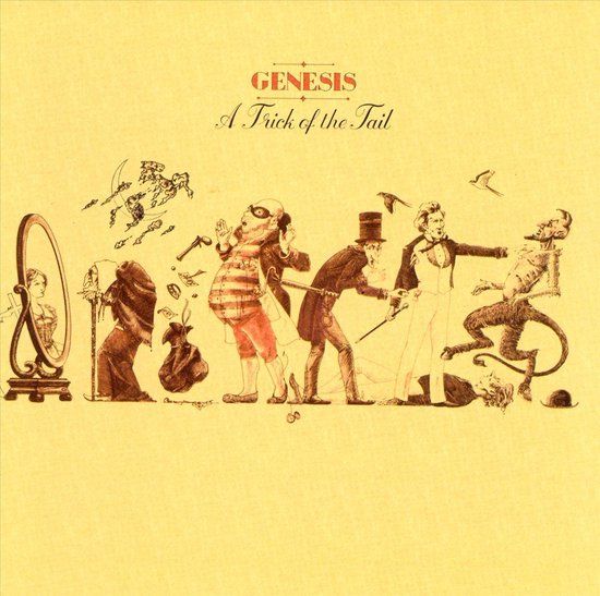 Albumhoes van Genesis, "A Trick of the Tail" met een tekening van figuren in een reeks van surrealistische taferelen op een gele achtergrond.