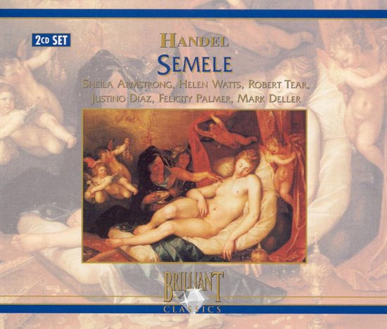 CD-hoes met schilderij van Semele, liggend, omringd door engelen. Titel: Handel Semele. Namen artiesten en '2CD SET' vermeld.