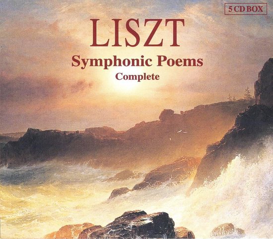 Liszt Symphonic Poems Complete 5 CD BOX met een schilderij van een woeste zee met rotsen bij zonsondergang.