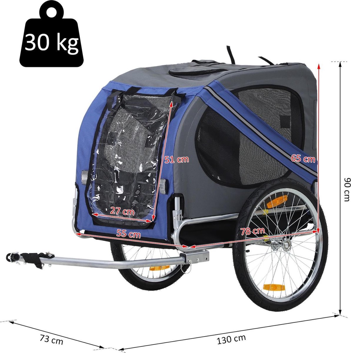 Pawhut Hondenaanhanger, fietsaanhanger, hondenaanhanger, hondenaanhanger, fietsaanhanger, wit zwart, 130 x 73 x 90 cm
