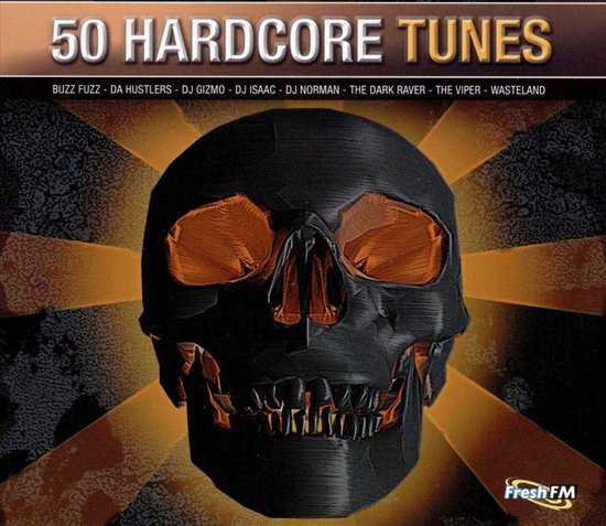 Zwarte schedel met oranje gloed op de oogkassen, tegen een oranje gestreepte achtergrond. Boven: "50 HARDCORE TUNES".