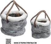 Textielmand met nepbont - Opberg manden - Fluffy - Grijs/wit - kerst - winter -  2 stuks