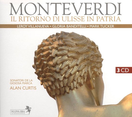 CD-hoes met de titel 'MONTEVERDI IL RITORNO DI ULISSE IN PATRIA' en een gouden standbeeld van een hoofd.