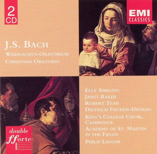 CD-cover van J.S. Bachs Weihnachtsoratorium met een klassiek schilderij van de Heilige Familie en EMI Classics-logo.