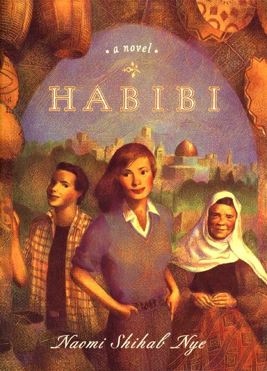 Couverture du livre 'Habibi' avec trois personnages au premier plan et une ville avec des dômes à l'arrière-plan.
