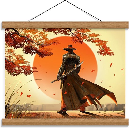 Schoolplaat – Getekende Samurai bij Zonsondergang - 40x30cm Foto op Textielposter (Wanddecoratie op Schoolplaat)