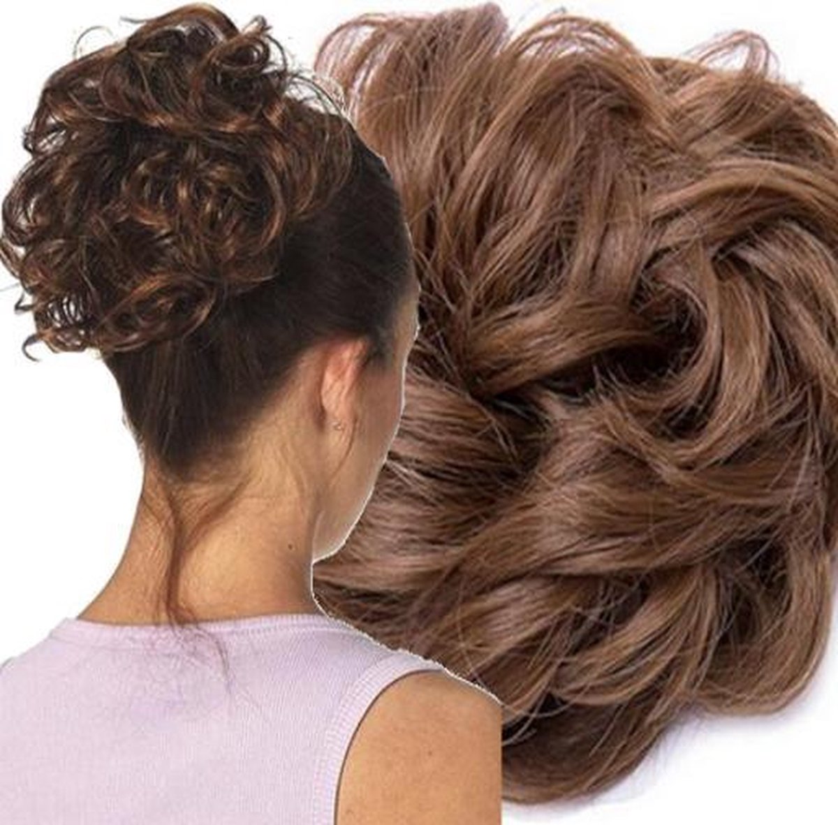 Messy Hair Bun | Curly Haar Wrap Extension Donker Koper Bruin | Inclusief Luxe Bewaarzakje.*