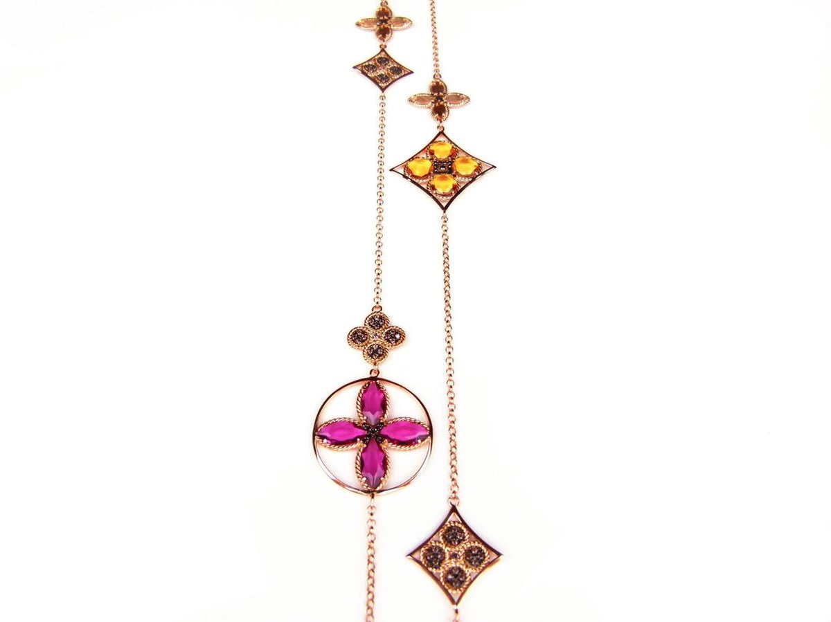 Lange zilveren collier halsketting roos goud verguld Model Inspired Beauty gezet met roze en bruine stenen