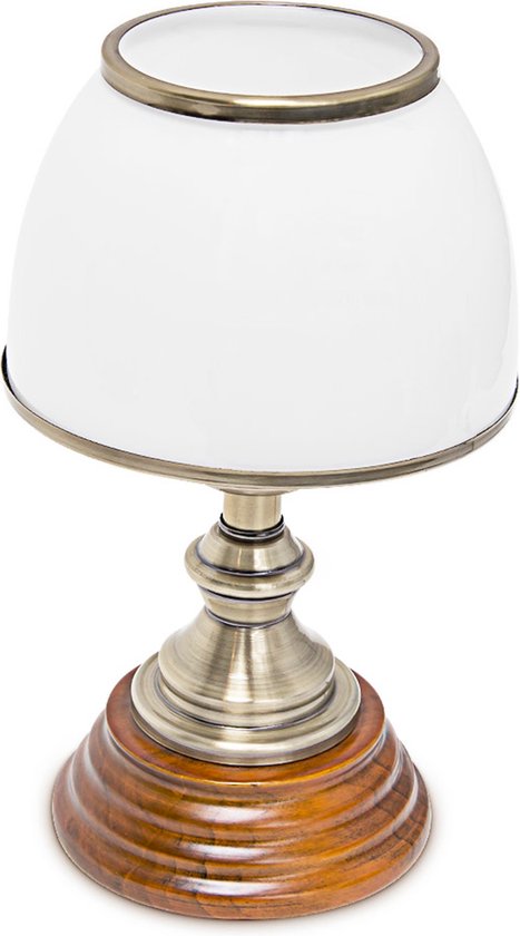 relaxdays Klassieke tafellamp wit glas, voet van hout - Leeslamp - Bureaulamp - Lamp tafel
