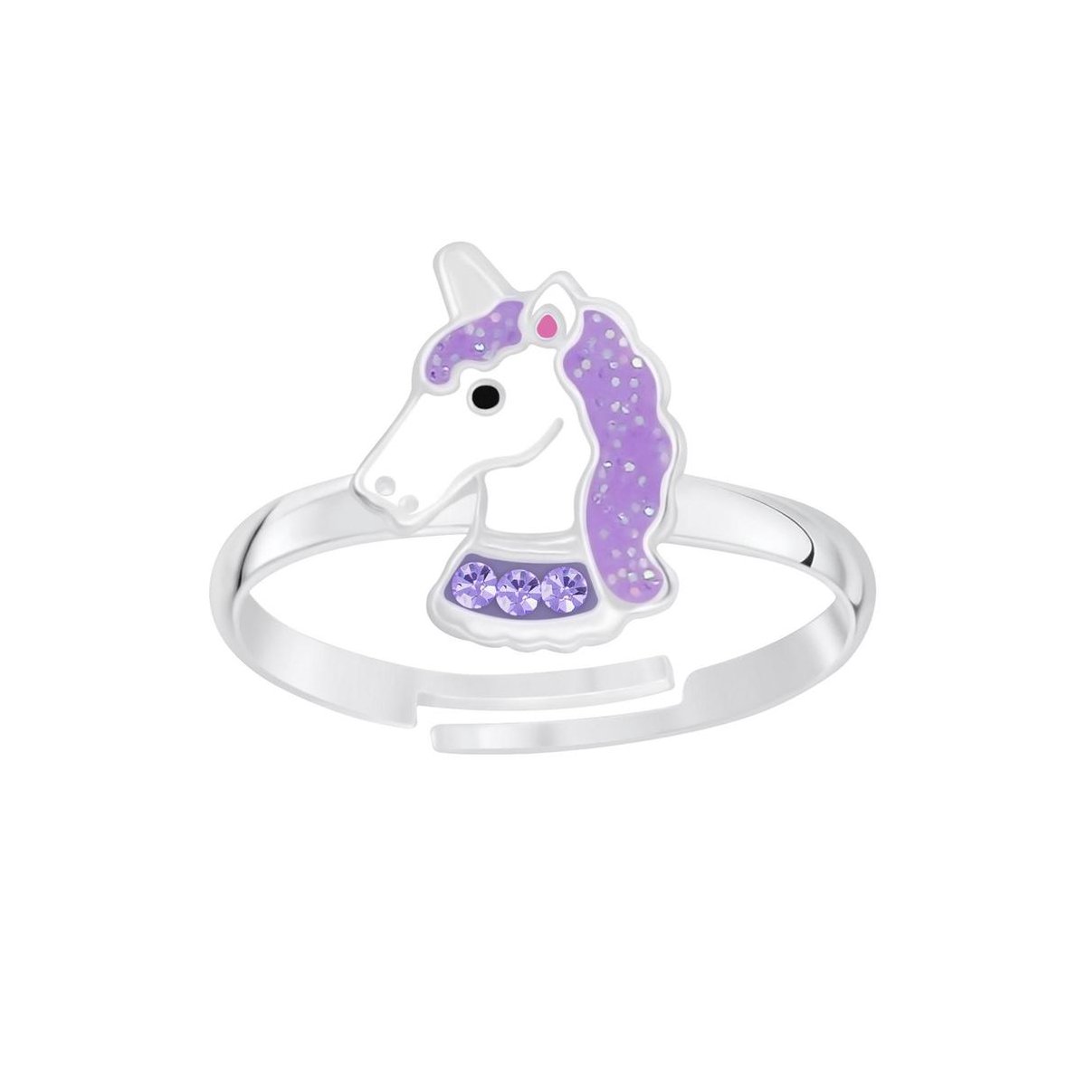 WeLoveSilver - zilveren kinderring - eenhoorn - paarse accenten