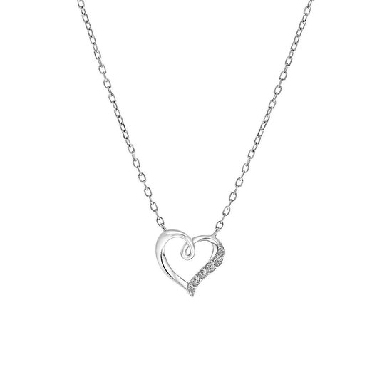 Lucardi Dames Ketting met hanger hart met zirkonia - Echt Zilver - Ketting - Cadeau - 45 cm - Zilverkleurig